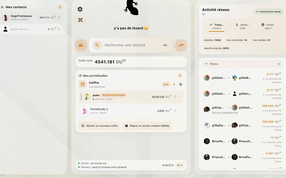Ğecko desktop wallet showing account balance, contacts, and network activity in light theme