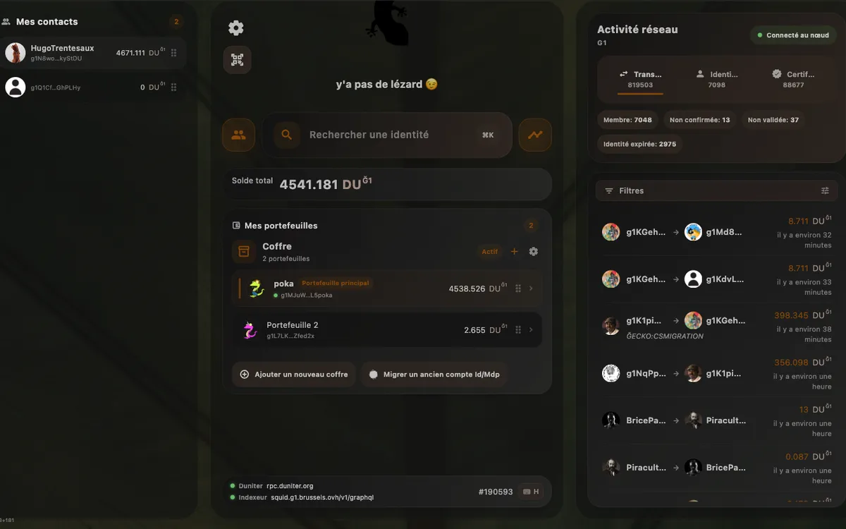 Ğecko desktop wallet showing account balance, contacts, and network activity in dark theme