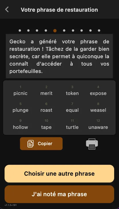 Ğecko 12-word recovery phrase backup screen
